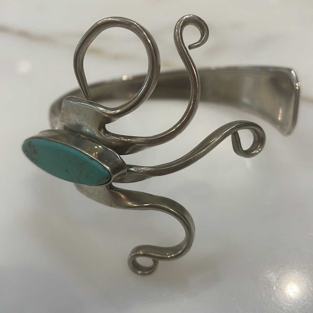 Vintage Vernon Sterling Silver Fork Turquoise Cuff Bracelet—MCM—1930’s Fork